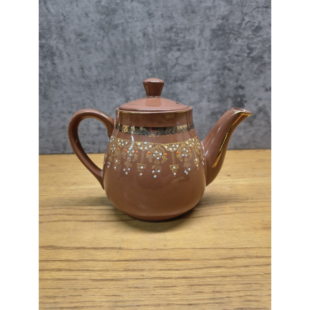 Vintage Ceramic Teapot Ornate Enamel and Gold Stencil